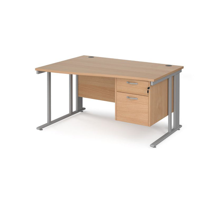 Maestro 25 cable managed leg left hand wave office desk with 2 drawer pedestal Desking Dams Beech Silver 1400mm x 800-990mm