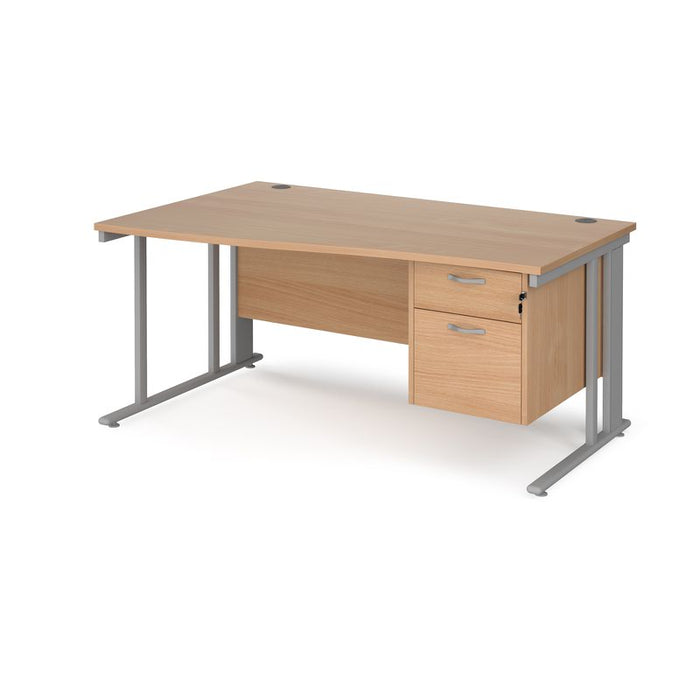 Maestro 25 cable managed leg left hand wave office desk with 2 drawer pedestal Desking Dams Beech Silver 1600mm x 800-990mm