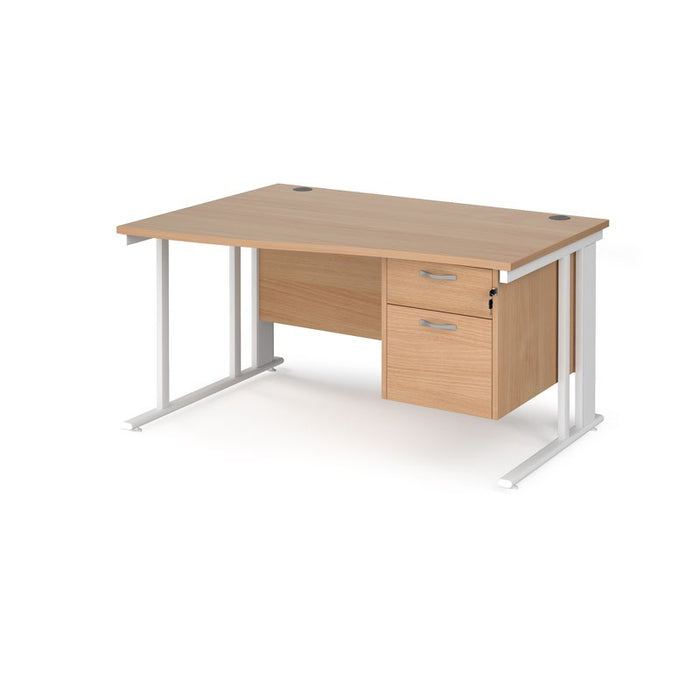 Maestro 25 cable managed leg left hand wave office desk with 2 drawer pedestal Desking Dams Beech White 1400mm x 800-990mm