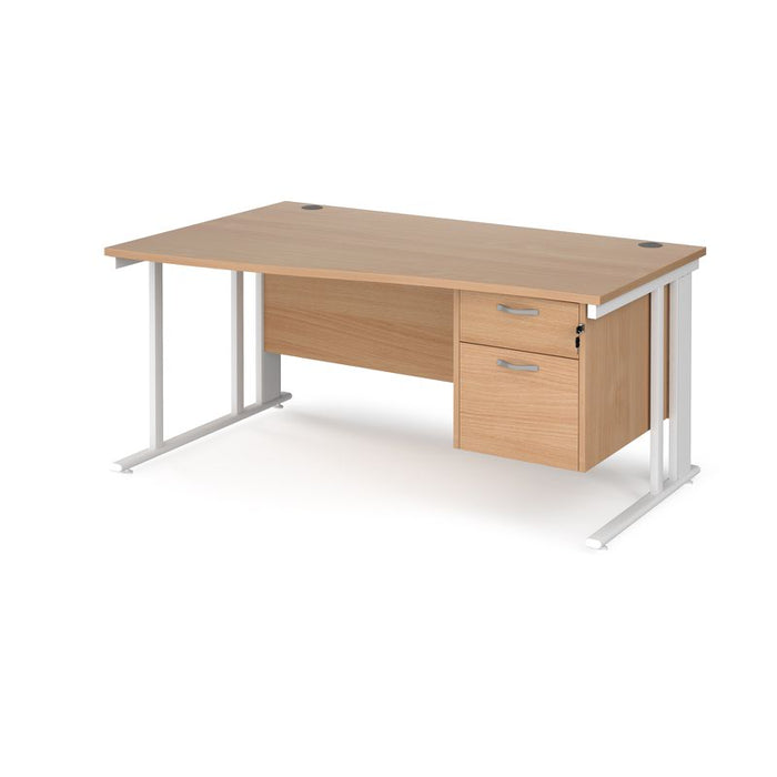Maestro 25 cable managed leg left hand wave office desk with 2 drawer pedestal Desking Dams Beech White 1600mm x 800-990mm