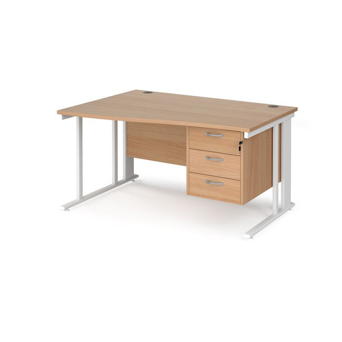 Maestro 25 cable managed leg left hand wave office desk with 3 drawer pedestal Desking Dams Beech White 1400mm x 800-990mm