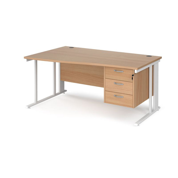 Maestro 25 cable managed leg left hand wave office desk with 3 drawer pedestal Desking Dams Beech White 1600mm x 800-990mm
