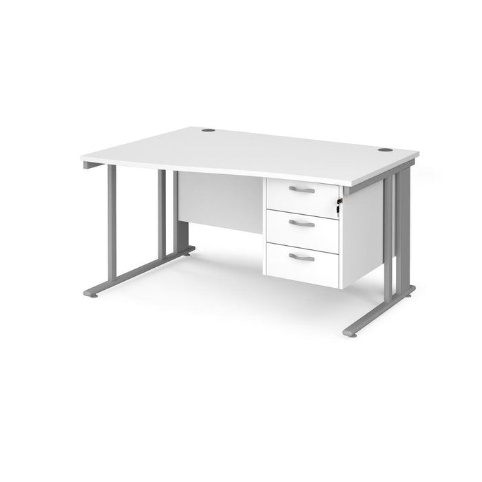 Maestro 25 cable managed leg left hand wave office desk with 3 drawer pedestal Desking Dams White Silver 1400mm x 800-990mm