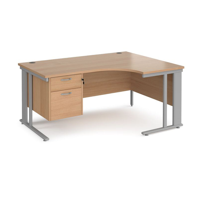 Maestro 25 cable managed leg right hand ergonomic desk with 2 drawer pedestal Desking Dams Beech Silver 1600mm x 1200mm