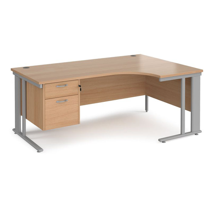 Maestro 25 cable managed leg right hand ergonomic desk with 2 drawer pedestal Desking Dams Beech Silver 1800mm x 1200mm