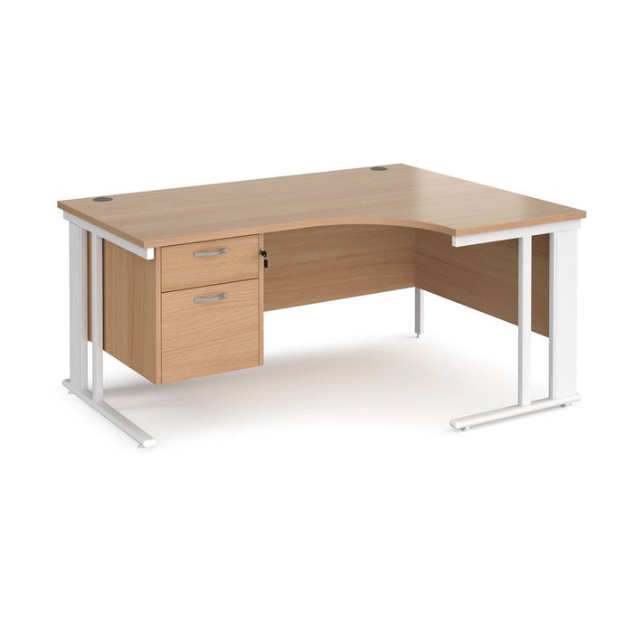 Maestro 25 cable managed leg right hand ergonomic desk with 2 drawer pedestal Desking Dams Beech White 1600mm x 1200mm