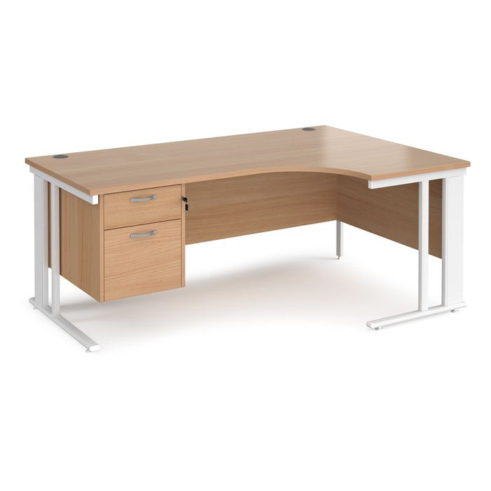 Maestro 25 cable managed leg right hand ergonomic desk with 2 drawer pedestal Desking Dams Beech White 1800mm x 1200mm