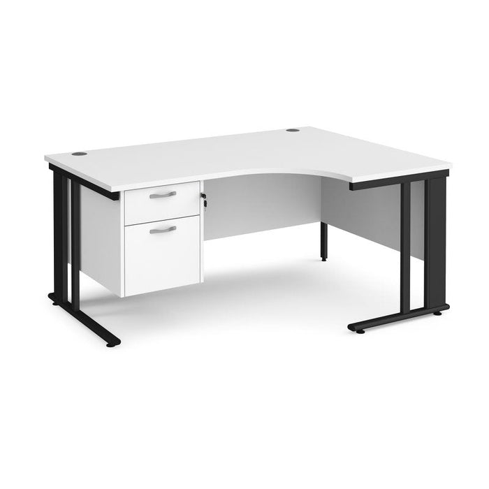Maestro 25 cable managed leg right hand ergonomic desk with 2 drawer pedestal Desking Dams White Black 1600mm x 1200mm