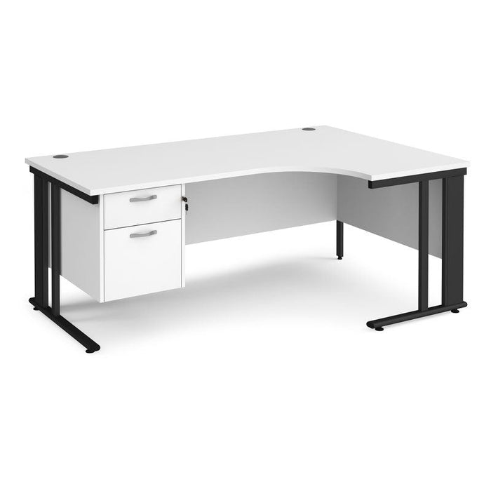 Maestro 25 cable managed leg right hand ergonomic desk with 2 drawer pedestal Desking Dams White Black 1800mm x 1200mm