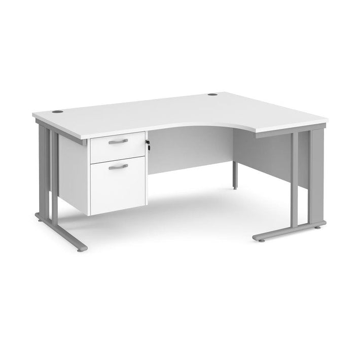 Maestro 25 cable managed leg right hand ergonomic desk with 2 drawer pedestal Desking Dams White Silver 1600mm x 1200mm