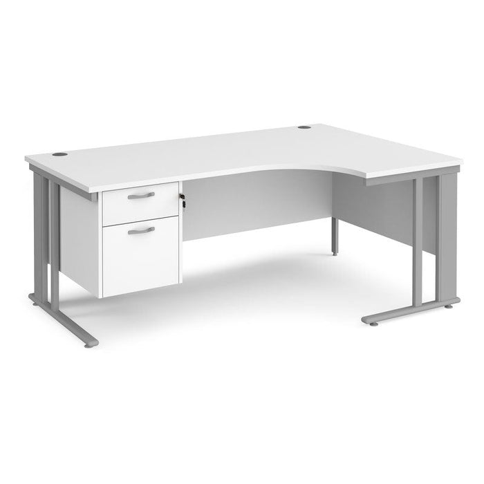 Maestro 25 cable managed leg right hand ergonomic desk with 2 drawer pedestal Desking Dams White Silver 1800mm x 1200mm