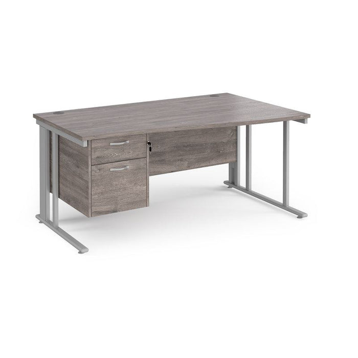 Maestro 25 cable managed leg right hand wave office desk with 2 drawer pedestal Desking Dams Grey Oak Silver 1600mm x 800-990mm