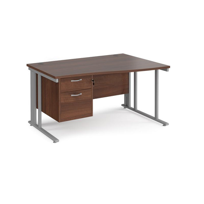 Maestro 25 cable managed leg right hand wave office desk with 2 drawer pedestal Desking Dams Walnut Silver 1400mm x 800-990mm