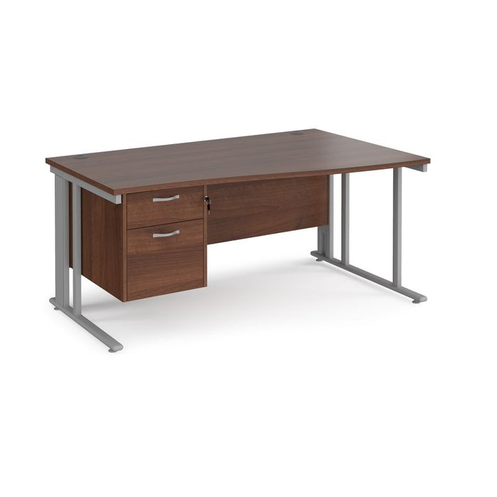 Maestro 25 cable managed leg right hand wave office desk with 2 drawer pedestal Desking Dams Walnut Silver 1600mm x 800-990mm