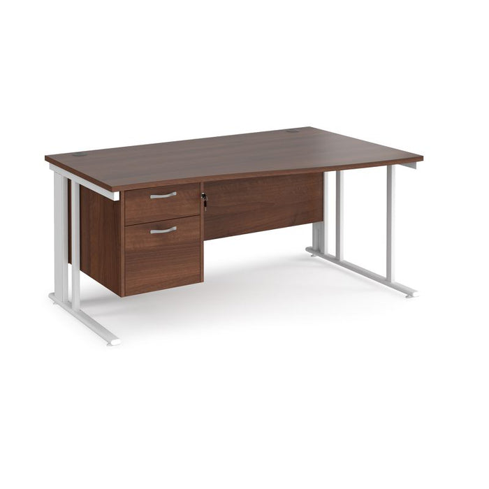 Maestro 25 cable managed leg right hand wave office desk with 2 drawer pedestal Desking Dams Walnut White 1600mm x 800-990mm