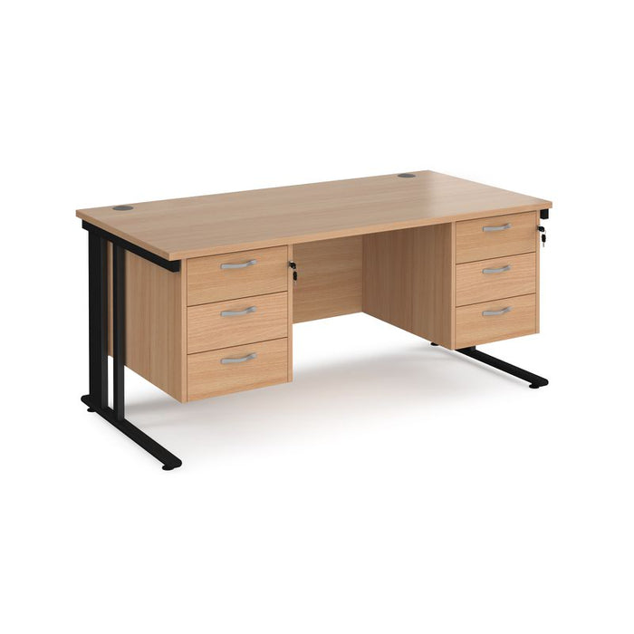 Maestro 25 cable managed leg straight desk with two x 3 drawer pedestals Desking Dams Beech Black 1600mm x 800mm