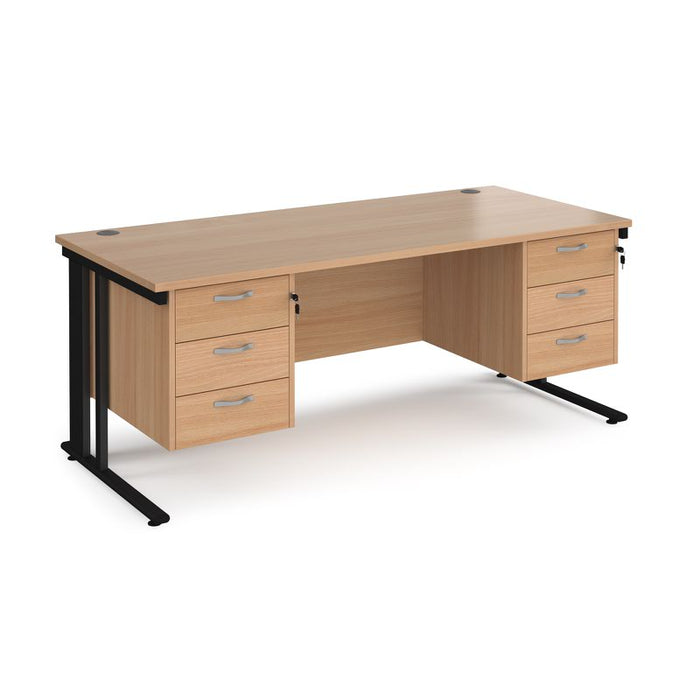 Maestro 25 cable managed leg straight desk with two x 3 drawer pedestals Desking Dams Beech Black 1800mm x 800mm