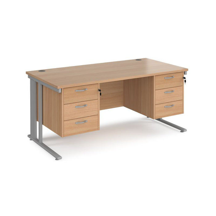 Maestro 25 cable managed leg straight desk with two x 3 drawer pedestals Desking Dams Beech Silver 1600mm x 800mm