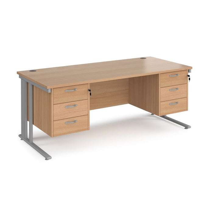 Maestro 25 cable managed leg straight desk with two x 3 drawer pedestals Desking Dams Beech Silver 1800mm x 800mm