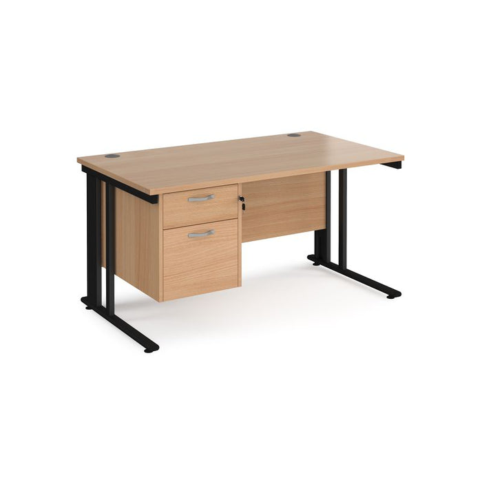 Maestro 25 cable managed leg straight office desk with 2 drawer pedestal Desking Dams Beech Black 1400mm x 800mm