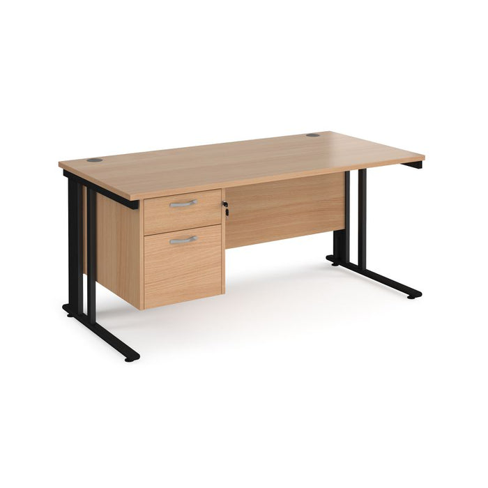 Maestro 25 cable managed leg straight office desk with 2 drawer pedestal Desking Dams Beech Black 1600mm x 800mm