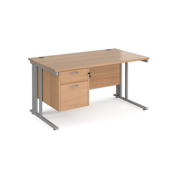 Maestro 25 cable managed leg straight office desk with 2 drawer pedestal Desking Dams Beech Silver 1400mm x 800mm