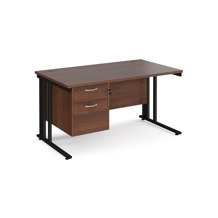 Maestro 25 cable managed leg straight office desk with 2 drawer pedestal Desking Dams Walnut Black 1400mm x 800mm