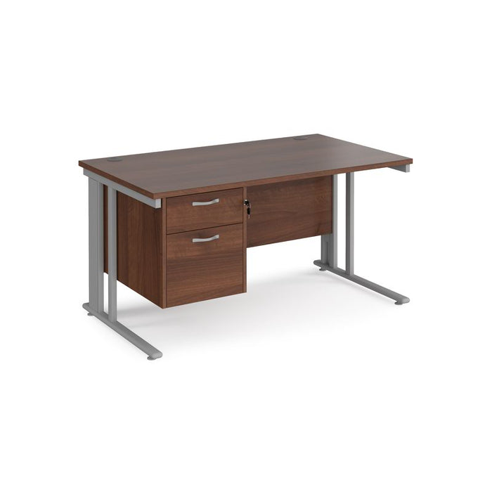 Maestro 25 cable managed leg straight office desk with 2 drawer pedestal Desking Dams Walnut Silver 1400mm x 800mm