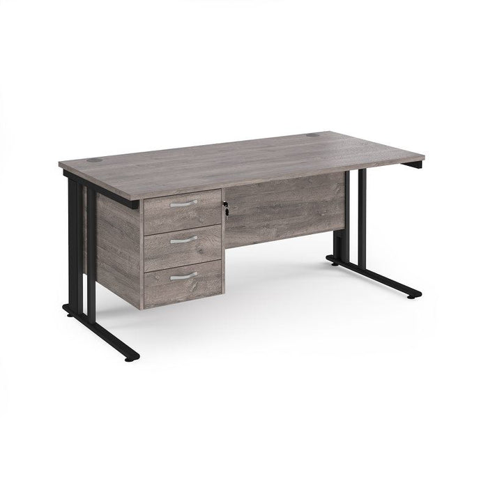 Maestro 25 cable managed leg straight office desk with 3 drawer pedestal Desking Dams Grey Oak Black 1600mm x 800mm