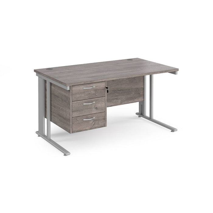 Maestro 25 cable managed leg straight office desk with 3 drawer pedestal Desking Dams Grey Oak Silver 1400mm x 800mm