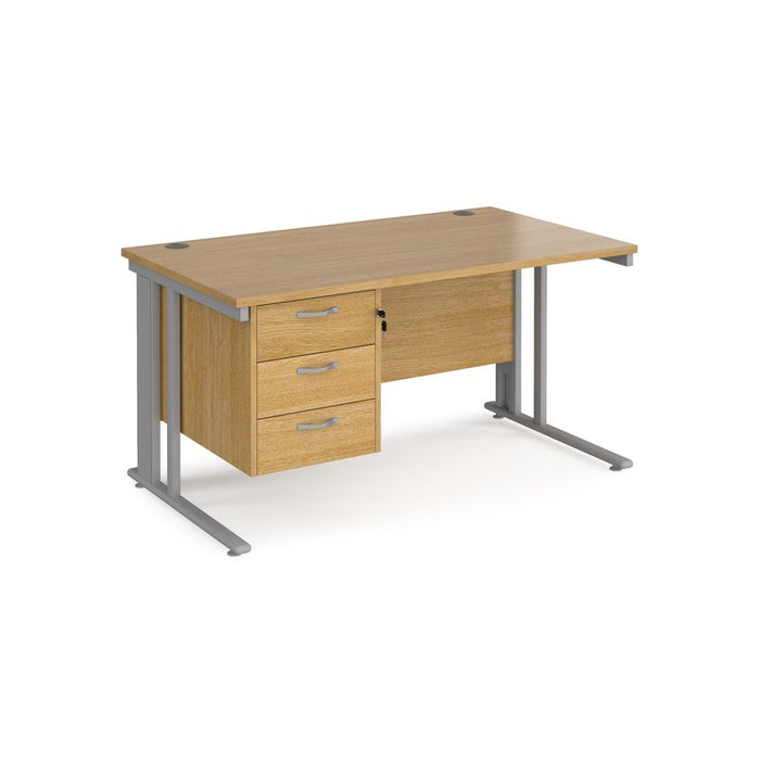 Maestro 25 cable managed leg straight office desk with 3 drawer pedestal Desking Dams Oak Silver 1400mm x 800mm