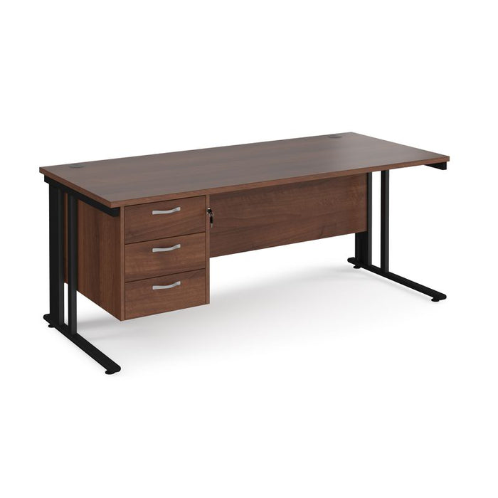 Maestro 25 cable managed leg straight office desk with 3 drawer pedestal Desking Dams Walnut Black 1800mm x 800mm