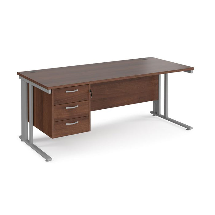 Maestro 25 cable managed leg straight office desk with 3 drawer pedestal Desking Dams Walnut Silver 1800mm x 800mm