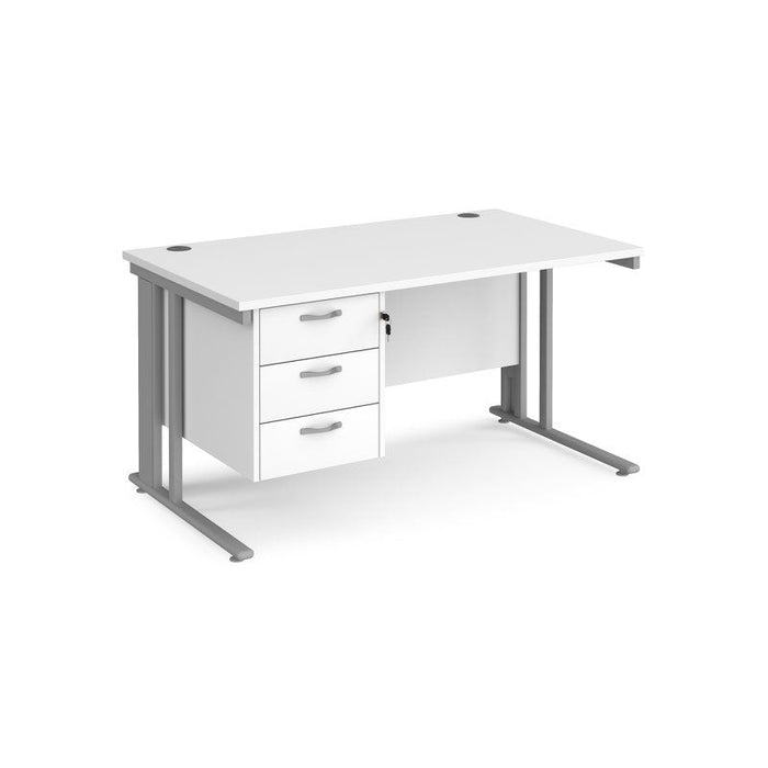 Maestro 25 cable managed leg straight office desk with 3 drawer pedestal Desking Dams White Silver 1400mm x 800mm