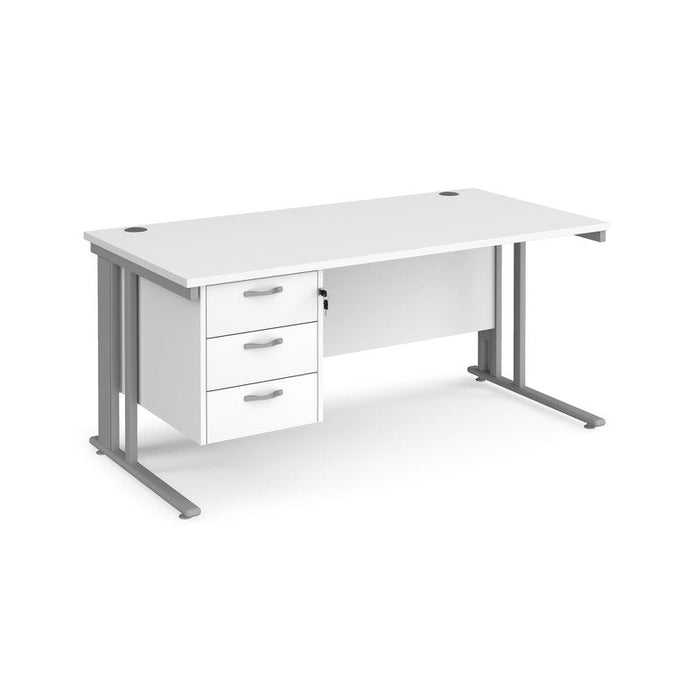 Maestro 25 cable managed leg straight office desk with 3 drawer pedestal Desking Dams White Silver 1600mm x 800mm