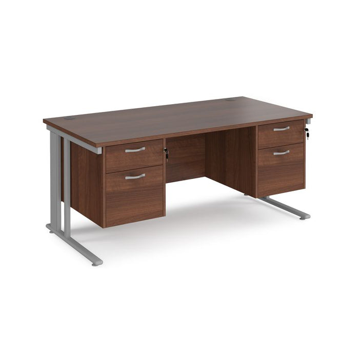 Maestro 25 cable managed leg straight office desk with two x 2 drawer pedestals Desking Dams Walnut Silver 1600mm x 800mm
