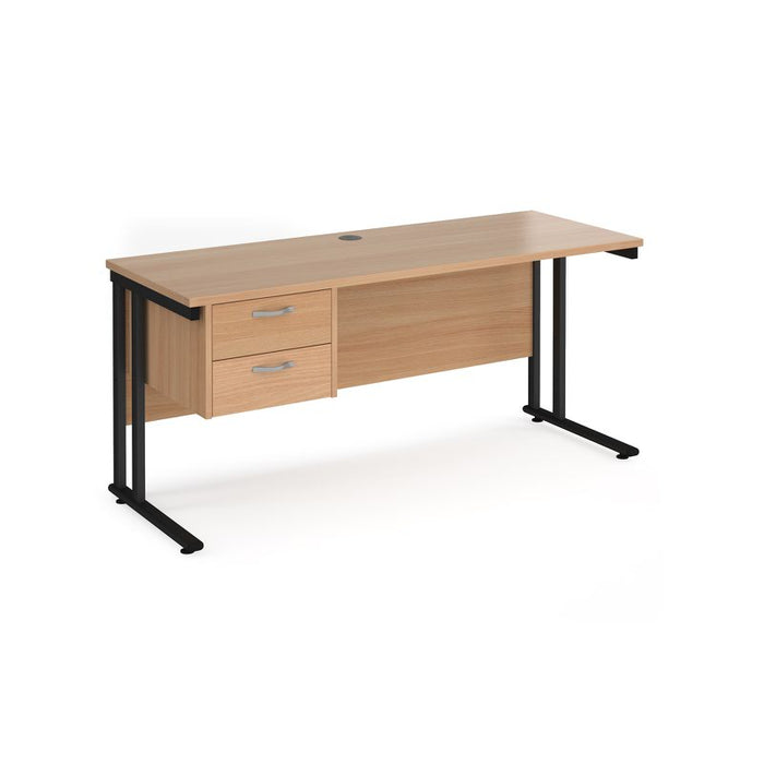 Maestro 25 cantilever leg straight, narrow office desk with 2 drawer pedestal Desking Dams Beech Black 1600mm x 600mm