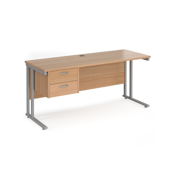 Maestro 25 cantilever leg straight, narrow office desk with 2 drawer pedestal Desking Dams Beech Silver 1600mm x 600mm