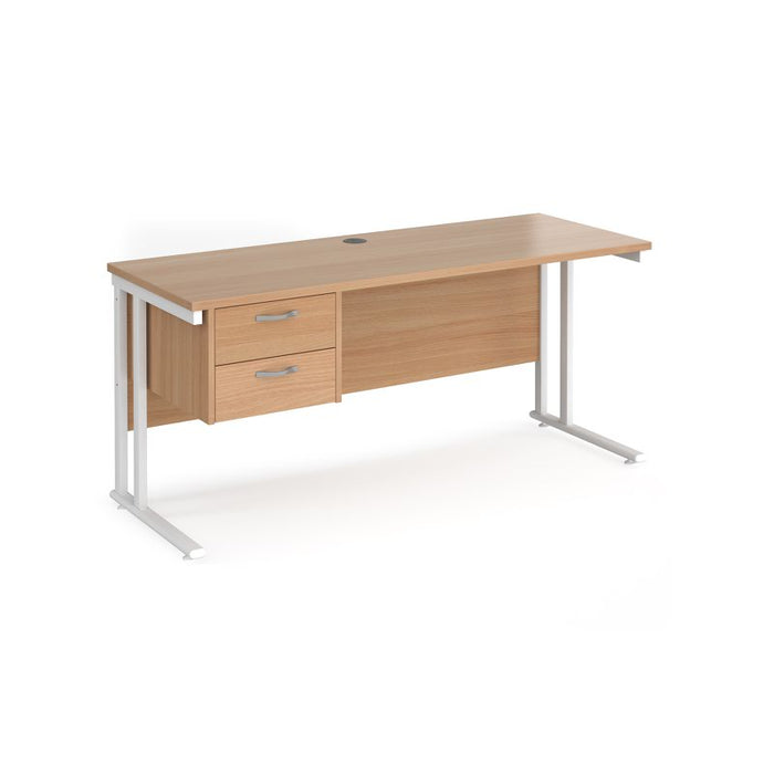 Maestro 25 cantilever leg straight, narrow office desk with 2 drawer pedestal Desking Dams Beech White 1600mm x 600mm