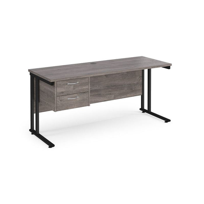 Maestro 25 cantilever leg straight, narrow office desk with 2 drawer pedestal Desking Dams Grey Oak Black 1600mm x 600mm