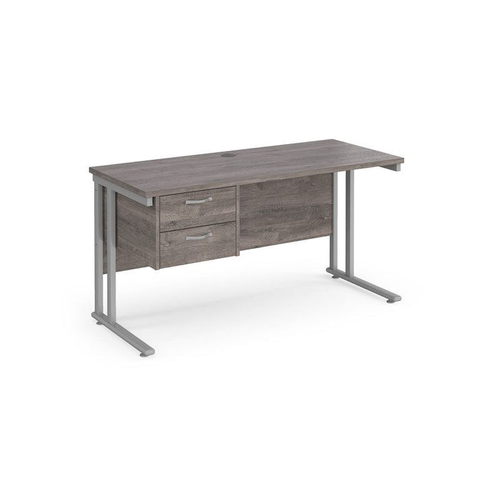 Maestro 25 cantilever leg straight, narrow office desk with 2 drawer pedestal Desking Dams Grey Oak Silver 1400mm x 600mm