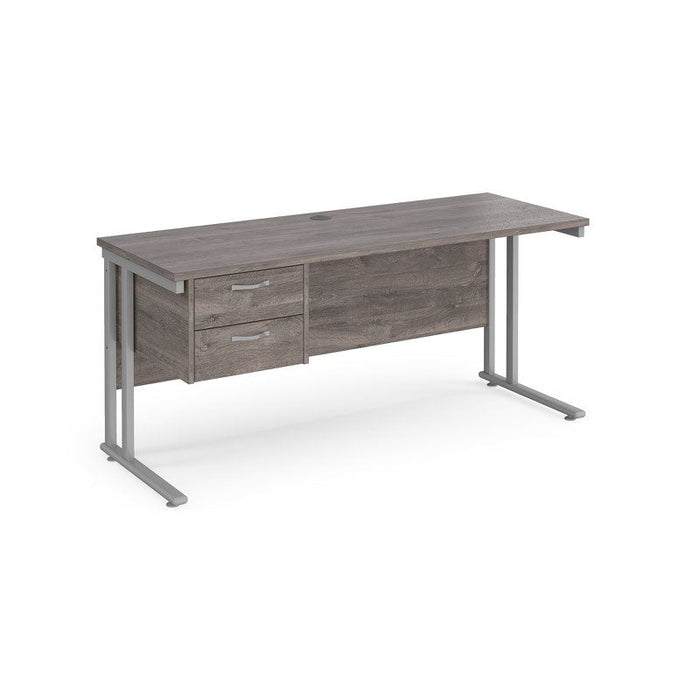 Maestro 25 cantilever leg straight, narrow office desk with 2 drawer pedestal Desking Dams Grey Oak Silver 1600mm x 600mm