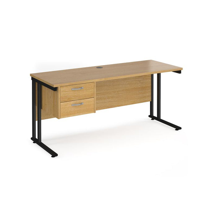 Maestro 25 cantilever leg straight, narrow office desk with 2 drawer pedestal Desking Dams Oak Black 1600mm x 600mm
