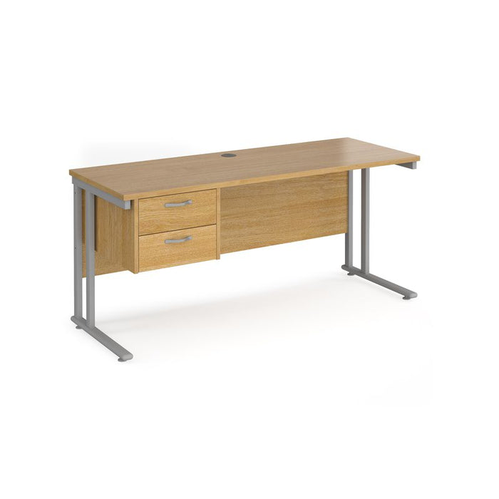 Maestro 25 cantilever leg straight, narrow office desk with 2 drawer pedestal Desking Dams Oak Silver 1600mm x 600mm