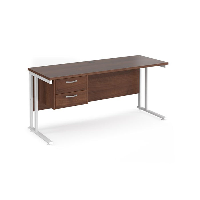 Maestro 25 cantilever leg straight, narrow office desk with 2 drawer pedestal Desking Dams Walnut White 1600mm x 600mm