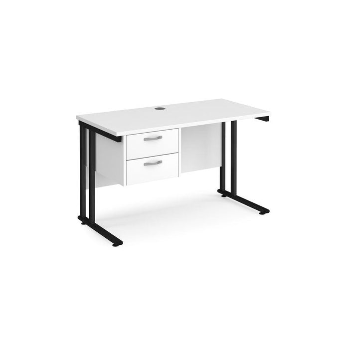 Maestro 25 cantilever leg straight, narrow office desk with 2 drawer pedestal Desking Dams White Black 1200mm x 600mm