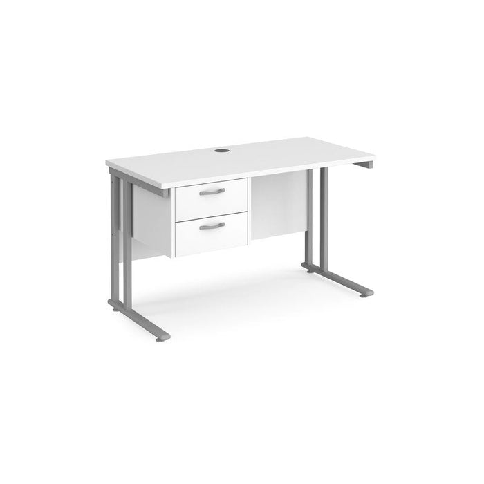 Maestro 25 cantilever leg straight, narrow office desk with 2 drawer pedestal Desking Dams White Silver 1200mm x 600mm