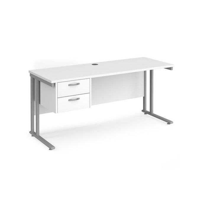Maestro 25 cantilever leg straight, narrow office desk with 2 drawer pedestal Desking Dams White Silver 1600mm x 600mm