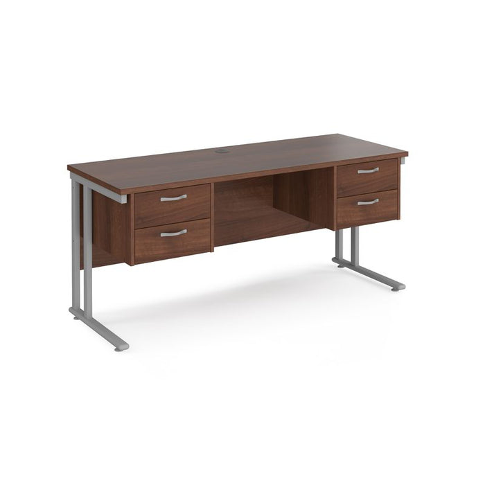 Maestro 25 cantilever leg straight narrow office desk with two x 2 drawer pedestals Desking Dams Walnut Silver 1600mm x 600mm