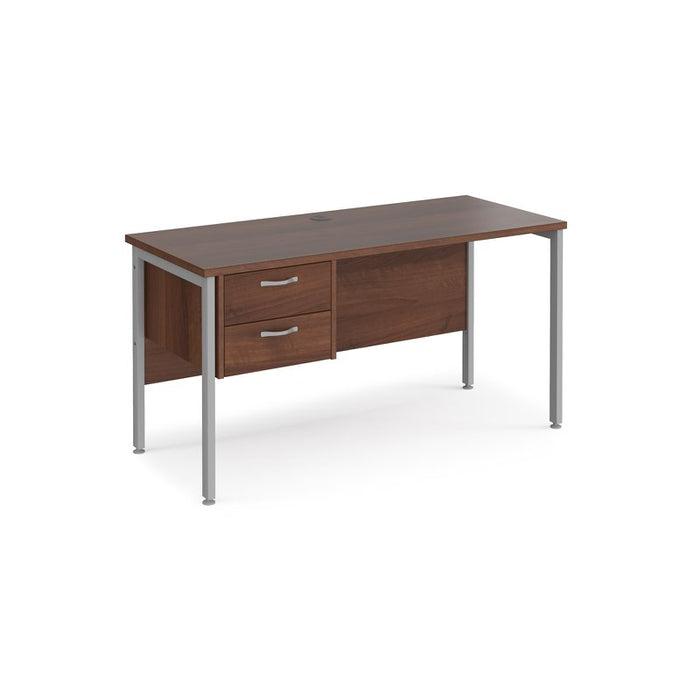 Maestro 25 H Frame straight narrow office desk with 2 drawer pedestal Desking Dams Walnut Silver 1400mm x 600mm